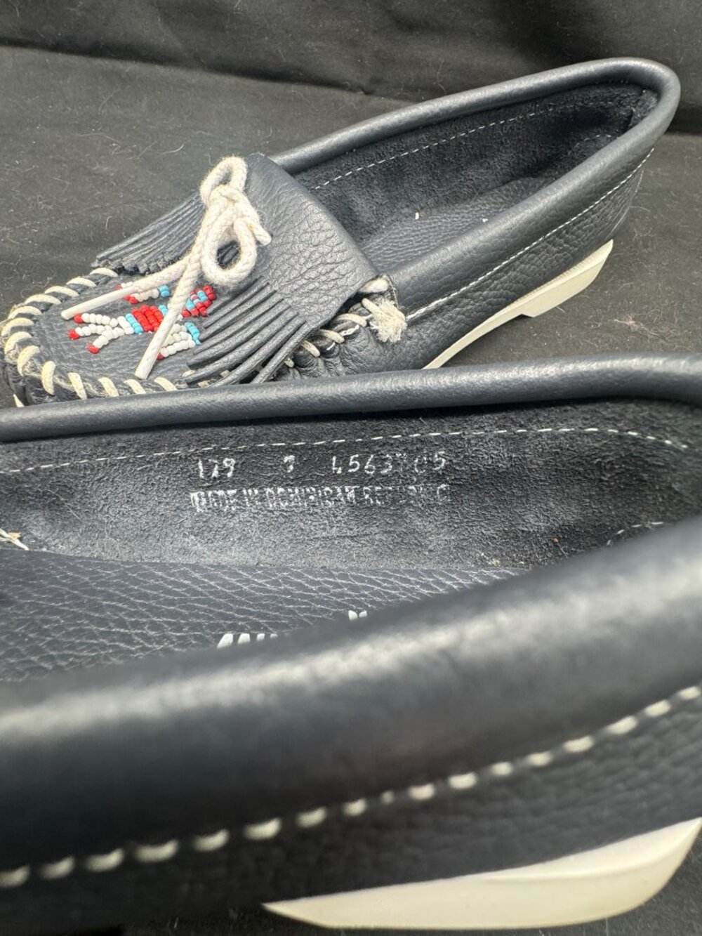 Vintage Minnetonka Thunderbird Smooth Moose Leather Women's Loafers Size 7 navy - Picture 7 of 7